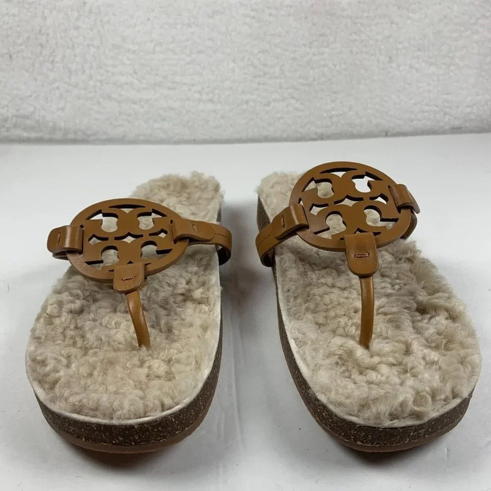 Tory Burch Miller‎ Cloud Shearling Women's Leather Sandal Size 9.5 Tan NIB S0404